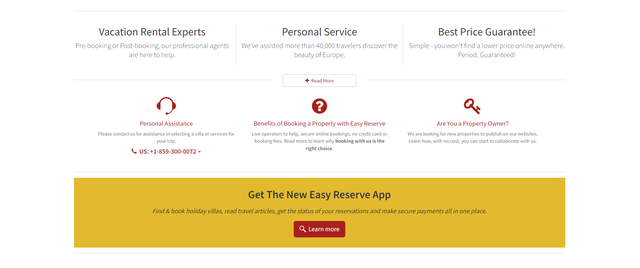 Página de inicio de Easy Reserve, información sobre los servicios y enlace a la aplicación
