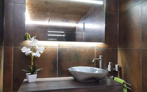 Appartement - le Franc-Montagnard: Marrón, Espejo, Grifo, Arreglo De Tubería, Lavabo, Lavabo Del Baño, Edificio, Madera, Baño, Diseño De Interiores