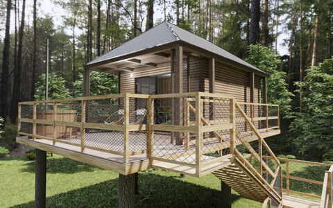 Premium Baumhaus mit 1 Schlafzimmer: Planta, Edificio, Árbol, Madera, Rueda, Sombra, Cielo, Ventana, Casa, Paisaje