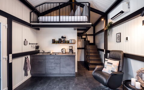 Tiny Haus Westerwald 16 Green: Mueble, Gabinetes, Propiedad, Madera, Mostrador, Diseño De Interiores, Marco, Silla, Edificio, Suelo