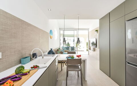 Velsuites 1: Cocina, Diseño De Interiores, Piso, Mostrador, Mueble, Suelo, Madera, Casa, Gabinetes, Techo