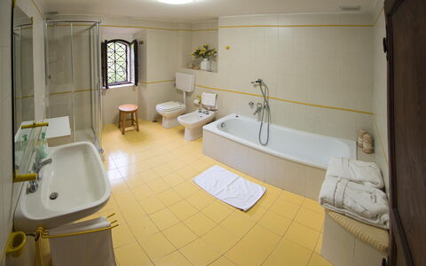 Palazzo Trasimeno: Bañera, Arreglo De Tubería, Grifo, Lavabo, Propiedad, Espejo, Edificio, Baño, Diseño De Interiores, Amarillo