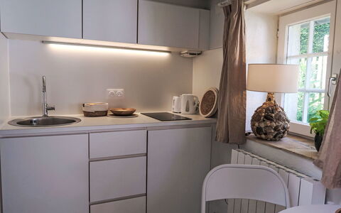 Gwenn Tiny House: Cocina, Diseño De Interiores, Mostrador, Aparato De Cocina, Arreglo De Tubería, Gabinetes, Lavabo, Mueble, Fregadero, Habitación