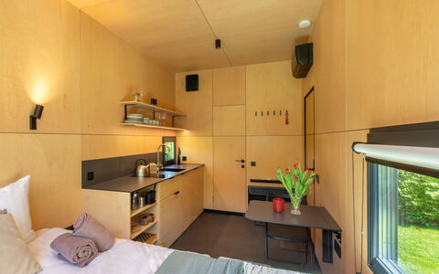 Tiny Cabin Sunshine No 21: Diseño De Interiores, Piso, Suelo, Sala, Manchas De Madera, Sofá, Barniz, Madera Contrachapada, Escritorio