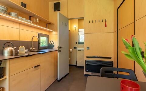 Tiny Cabin Sunshine No 21: Diseño De Interiores, Piso, Suelo, Cocina, Mostrador, Manchas De Madera, Gabinetes, Madera Contrachapada, Barniz