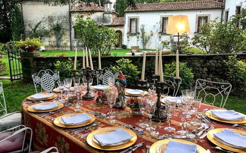 Villa Veneta - Historic Villa in the Prosecco Hill: Manteles, Vajilla, Mesa, Mueble, Utensilios Para Servir, Drinkware, Vajilla, Stemware, Linos, Comedor