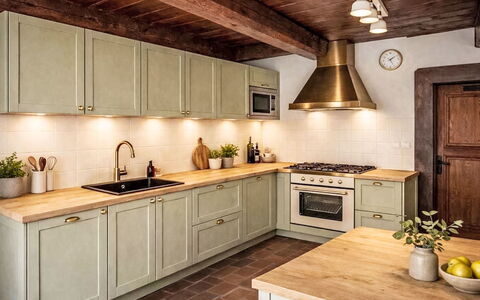 Máchova Roubenka: Cocina, Aparato De Cocina, Mostrador, Gabinetes, Piso, Madera, Electrodoméstico, Diseño De Interiores, Mueble, Estufa De Cocina