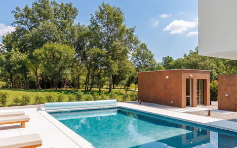 Ruma: Piscina, Material Compuesto, Jardín, Sombra, Recurso, Fuente De Agua, Paisajismo, Mueble Para Exteriores, Manchas De Madera, Patio Interior
