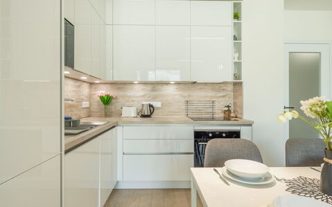 Smichov Kosire Jinonice 1: Mostrador, Cocina, Aparato De Cocina, Mueble, Gabinetes, Diseño De Interiores, Piso, Madera, Casa, Electrodoméstico