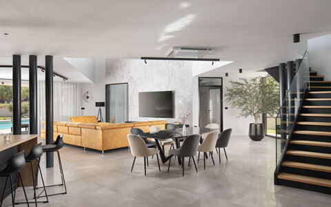 Villa H2: Piso, Suelo, Diseño De Interiores, Mueble, Techo, Silla, Loseta, Sala