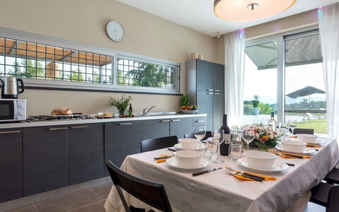 Villa Atmosfere 8: Diseño De Interiores, Cocina, Mueble, Encendiendo, Casa, Piso, Mostrador, Techo, Silla, Aparato De Cocina