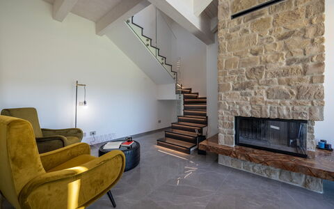 Villa Mamon 6+2: Piso, Diseño De Interiores, Suelo, Techo, Encendiendo, Sala, Habitación, Pared De Piedra, Sofá