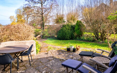 Mill Barn by the Stream: Mueble, Mueble Para Exteriores, Arbusto, Jardín, Silla, Cobertura Del Suelo, Mesa Al Aire Libre, Luz De Sol, Sombra, Paisajismo