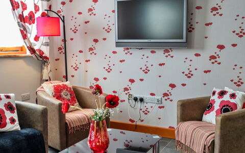 Poppy Cottage, Great Houndbeare Farm: Mueble, Diseño De Interiores, Pared, Rojo, Textil, Sala, Rosado, Casa, Sofá, Encendiendo