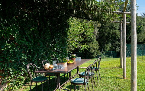 Villa del Poggio D'Oro 8: Mueble, Mueble Para Exteriores, Mesa, Mesa Al Aire Libre, Jardín, Sombra, Cobertura Del Suelo, Silla, Césped, Patio Interior